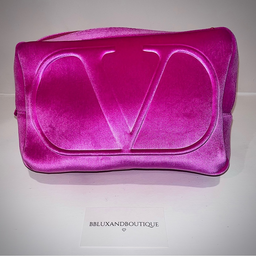 Valentino Garavani Pink/Fusia Velvet βVLogoβ Makeup Pouch